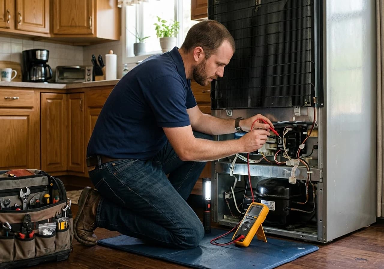 An appliance repair technician diagnosing an open refrigerator with a multimeter in a home kitchen