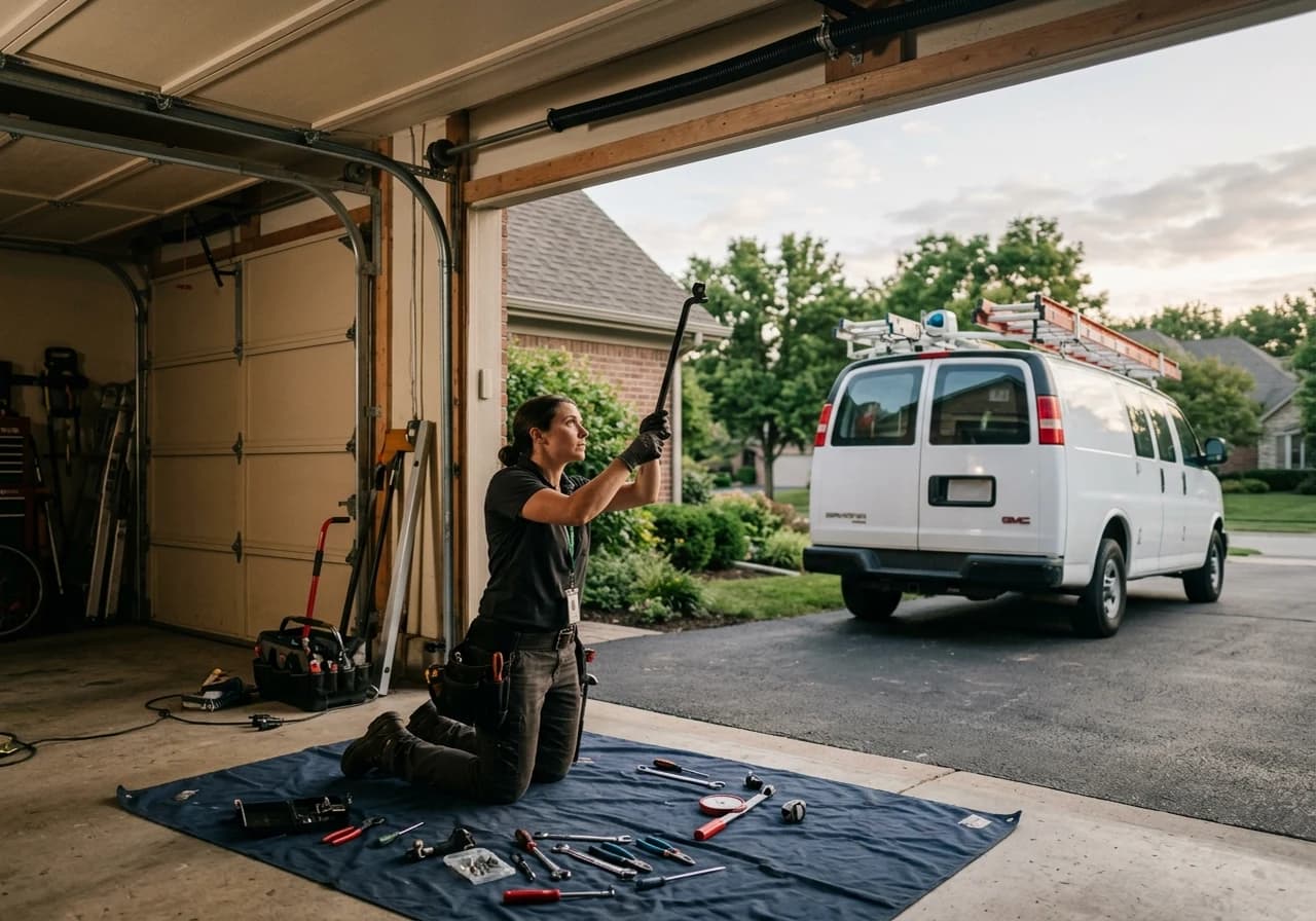 A garage door technician kneeling in a driveway inspecting a torsion spring above an open garage door, with a service van parked behind them