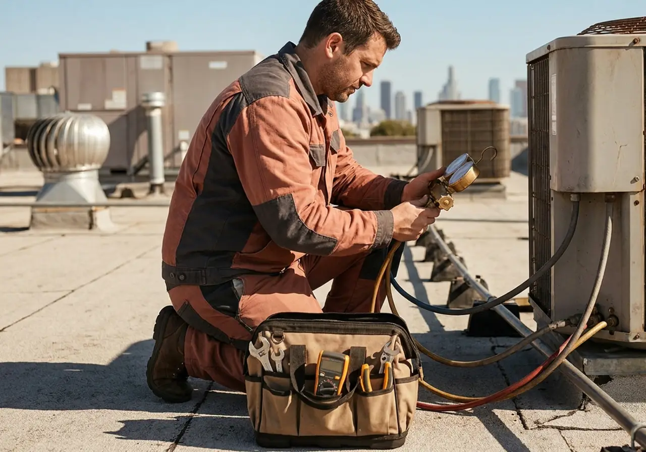 An HVAC technician servicing a rooftop condensing unit with a manifold gauge set