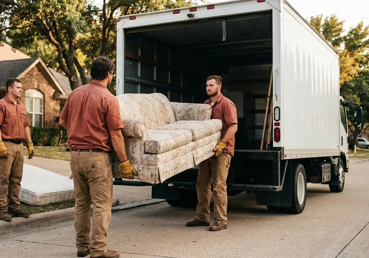A junk removal crew loading a couch into the back of a branded truck