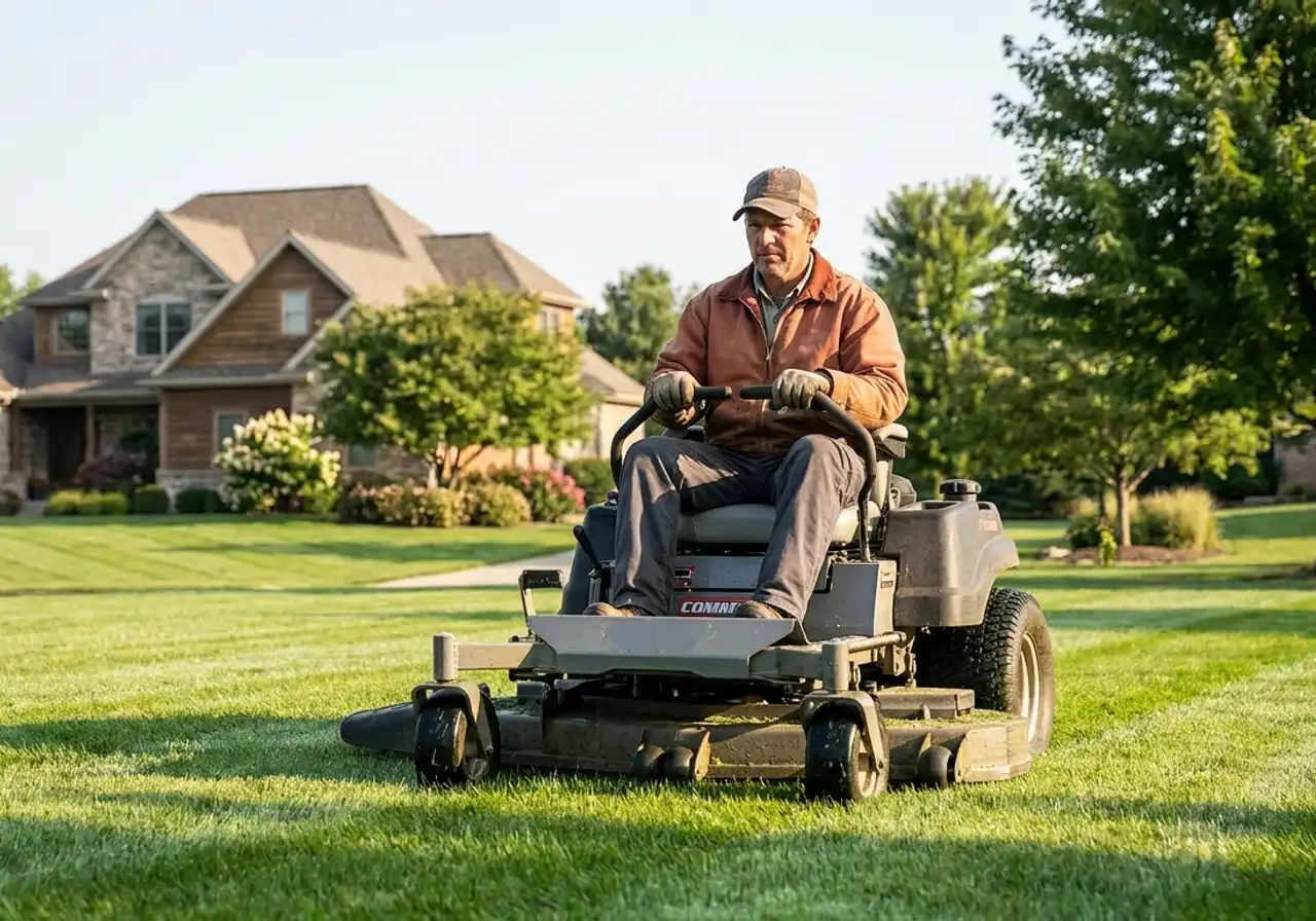 A landscaper mowing a lawn on a commercial zero-turn mower