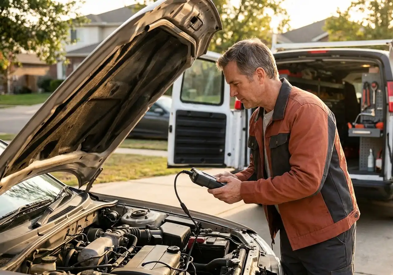 A mobile mechanic using a diagnostic scanner under a car's open hood