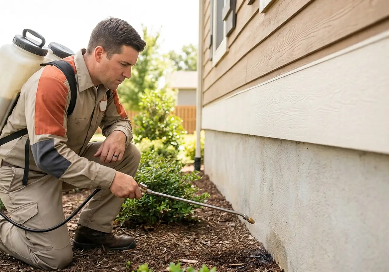 A pest control technician spraying the foundation perimeter of a house