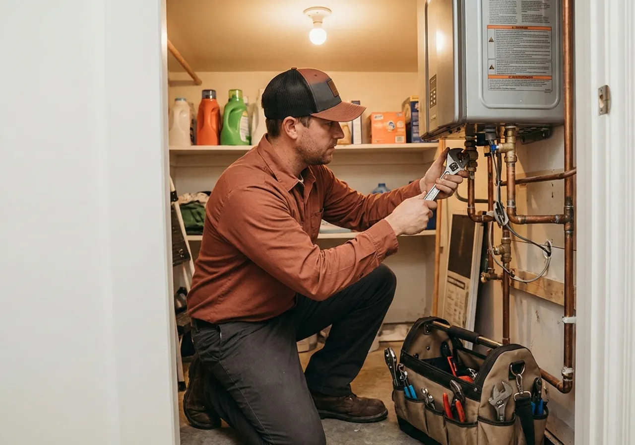 A plumber installing a water heater in a home utility closet