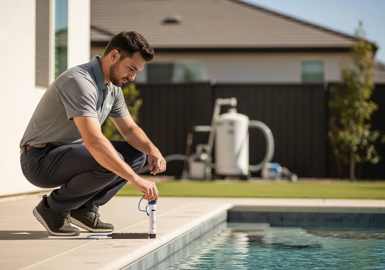 A pool service technician testing water chemistry at a residential pool