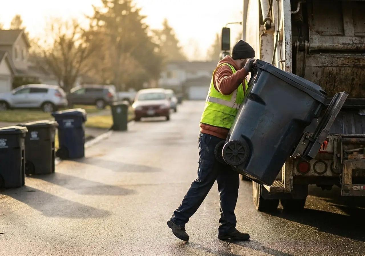 A waste and sanitation operator lifting a bin into a rear-load garbage truck